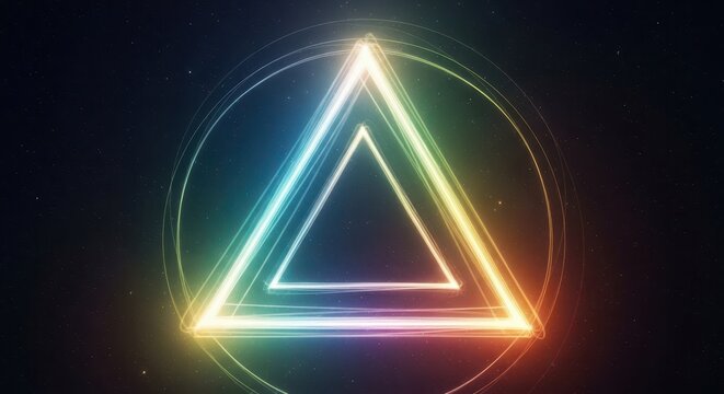 Glowing geometric triangle shape radiates bright neon light against a dark cosmic background - Powered by Adobe