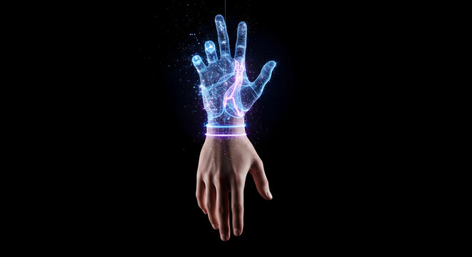 Mans hand with glowing blue holographic digital network on wrist. Futuristic cybernetic interface visualization. Augmented reality technology concept for innovative sci-fi applications.