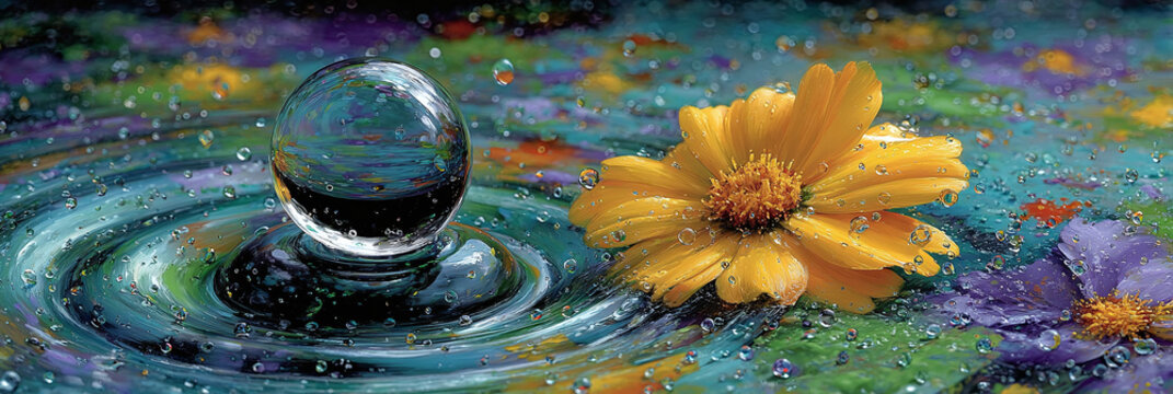 Captivating artistry of a perfect water drop creating serene, concentric ripples on a reflective surface next to a vibrant yellow flower adorned with delicate morning dew in a tranquil garden setting