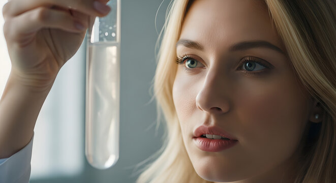 Woman scientist examining clear liquid in glass test tube. Closeup of blonde researcher observing sample in laboratory. Chemical analysis and scientific experiment for discovery and innovation in