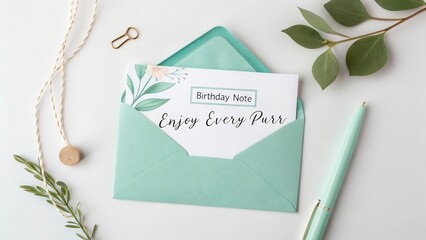 A mint green envelope holding a birthday greeting card