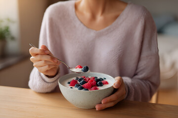 Nourishing Ritual: A woman savors a healthy breakfast, a moment of tranquility with a bowl of yogurt topped with fresh berries, reflecting a healthy lifestyle.
