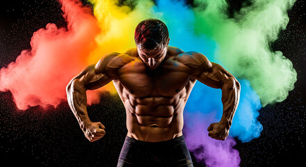 Dynamic bodybuilder showcases chiseled form as vibrant, whisked colored powder creates an awe-inspiring, artistic display