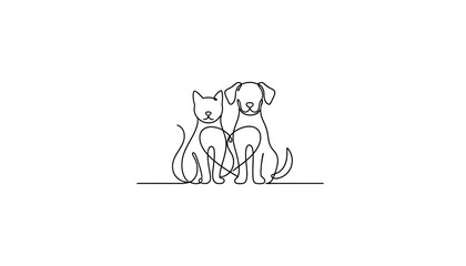 Dog and cat illustration in line drawing style, isolated on white background
