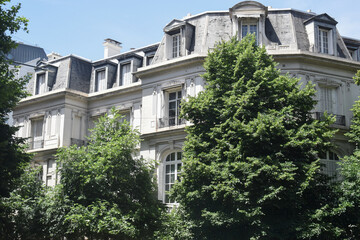 Historic French-style building partially covered by lush green trees on a sunny day.