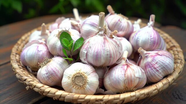 Fresh whole garlic bulbs in a woven basket on a wooden table.
