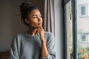 Contemplation by the Window: A woman gazes out a window, lost in thought. The natural light emphasizes the depth of her thoughts and creates a tranquil scene. 