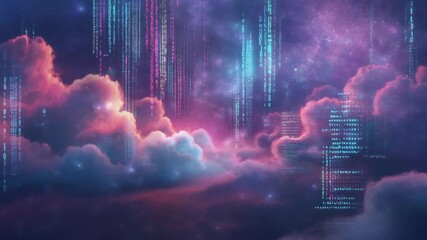 Ethereal streams of digital code rain down through a surreal pink and purple cloudscape, visualizing a futuristic cyberspace - Powered by Adobe