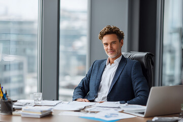 Fototapeta premium Confident Leader in Modern Office: A distinguished leader exudes confidence while seated at a desk, the picture of professional authority in a contemporary office setting.