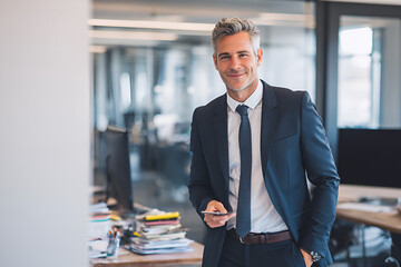Confident Executive in Modern Office: A distinguished businessman, radiates confidence as he leans against a desk within the contemporary office space, holding the mobile phone.