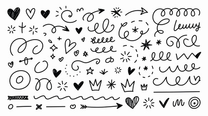 Hand drawn doodle design elements hearts stars arrows crowns swirls for graphic decoration and art projects