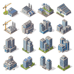 Fototapeta premium Isometric industrial buildings and modern skyscrapers collection factory