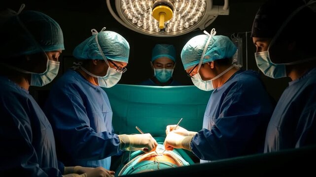 Video of a group of medical professionals, including surgeons, performing a complex surgical operation