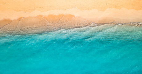 Majestic summer beach aerial view and relaxing waves, turquoise sea bay exotic lagoon. Soft sandy...