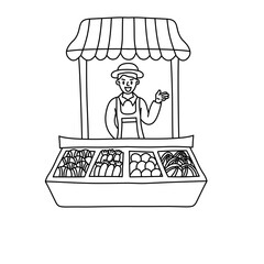 Friendly Street Vendor Waving and Greeting Customers outline style