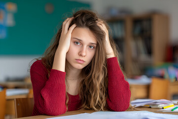 Anxious Student in Classroom: A young student, with a look of worry, sits amidst a classroom setting, the weight of academic pressure etched on her face.
