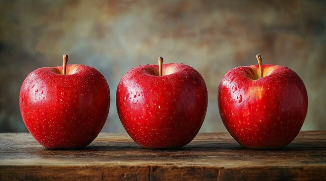Three vibrant red apples on a wooden surface (1)