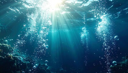 Light rays pierce deep blue ocean water, illuminating bubbles rising towards the surface from a coral reef below