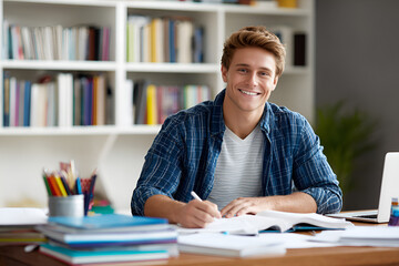 Focused Student: A young man is engrossed in his studies, meticulously writing in a notebook, creating a studious ambiance. with books nearby. 