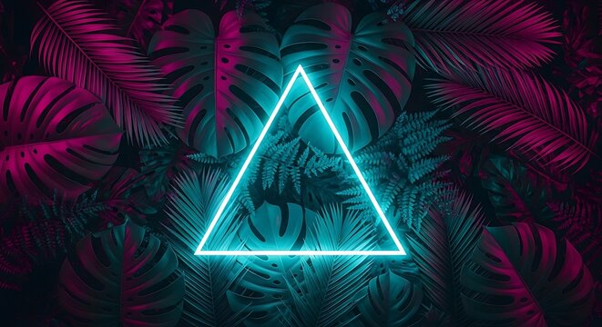 Tropical leaves with a glowing neon triangle in a dark background