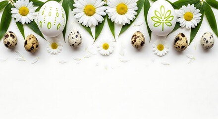 Elegant Easter composition with painted eggs quail eggs and daisies