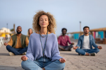 Mindfulness in Unity: A diverse group practices meditation together, embodying inner peace and communal harmony. A serene capture of focused reflection and spiritual well-being.