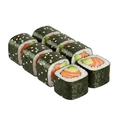 Close Up Of Sushi Rolls With Salmon And Avocado Sprinkled With Sesame Seeds On A Black Background