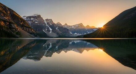 Serene mountain lake reflection at sunrise or sunset