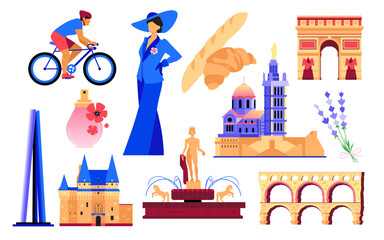 French landmarks and symbols - flat design style objects