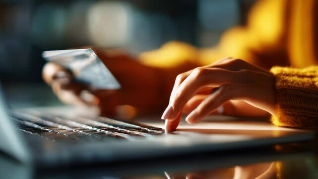 A person making an online payment with a credit card while using a laptop, demonstrating the convenience of modern digital transactions, enhancing the shopping experience through technology. - Powered by Adobe