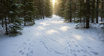 Obraz premium Rabbit tracks in forest on snowy pine path, winter wildlife trail and natural habitat observation
