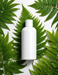 White bottle nestled in green fern leaves on white surface