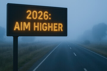 2026 sign road goal strategic planning aim higher morning fog inspiring message encouraging progress