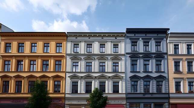Ornate and colorful historic apartment buildings stand in a row showcasing classic European architecture against a bright sky