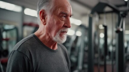 Senior exercising at the gym An older man focused on his workout, showing strength and determination