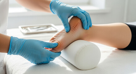 Podologist’s gloved hands placing cracked foot on soft roller, podiatry care and dry skin treatment in medical clinic