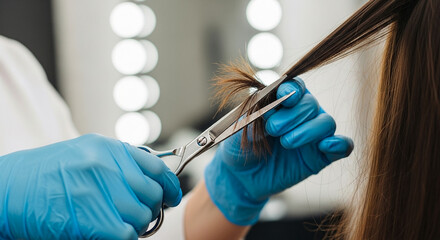Trichologist hands holding scissors for trimming ends, haircare and salon service