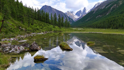 Drone flight over a mountain lake - Shavlinskoye blue lake in Altai