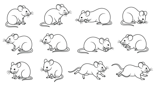 A collection of nine detailed black and white mouse illustrations