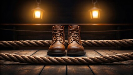 Weathered brown pirate boots resting on wooden deck with rope