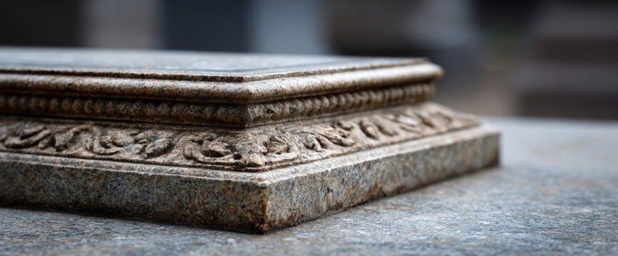 Close-up of weathered granite headstone corner with intricate carving symbolizing lasting memorial