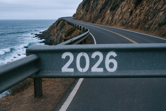 Coastal road guardrail with painted numbers strategic planning goal inspiring journey along winding cliffside highway overlooking ocean