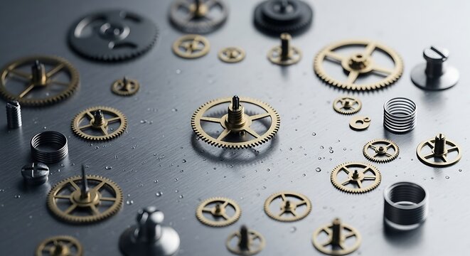 Flat lay of meticulously arranged vintage watch parts and gears, representing the complexity of time, precision engineering, and craftsmanship - Powered by Adobe