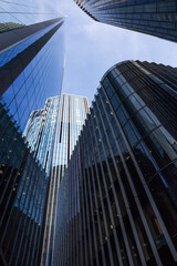 Obraz premium Soaring Glass Skyscrapers in Financial District, Low Angle View