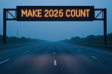 Make 2026 count strategic planning goal highway sign glowing amber over empty road in foggy dawn conveying motivation and future focused determination