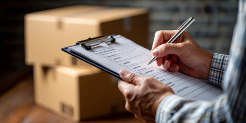 Close-up of person filling out checklist on clipboard with cardboard boxes in background in warehouse or shipping environment