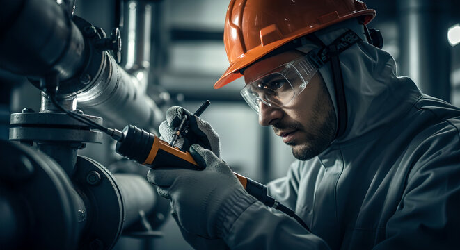 Man repairing industrial pipes with power tool. Mechanic in safety gear working on machinery. Factory maintenance and occupational safety concept