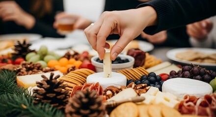 A hand dips a cracker into brie cheese surrounded by crackers, grapes, pine cones, and nuts on a charcuterie board for a holiday gathering