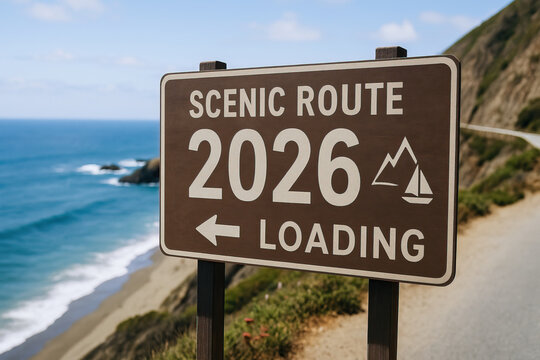 Scenic route 2026 loading strategic planning goal coastal signpost by ocean showing curved cliffside road and blue water inviting travel and hopeful mood
