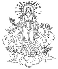 Holy Mary Line Art with Angels on Clouds Religious Illustration Sacred Outline Drawing Devotional Artwork